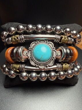 Multi-Strand Bracelet w/Turquoise Center Brown Cord Silver Beads Fashion Jewery.